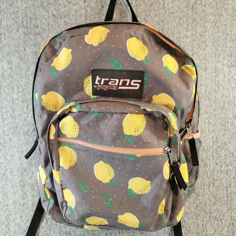 Trans by JanSport SuperMax Backpack Gray Yellow Lemon Print Bookbag Hole